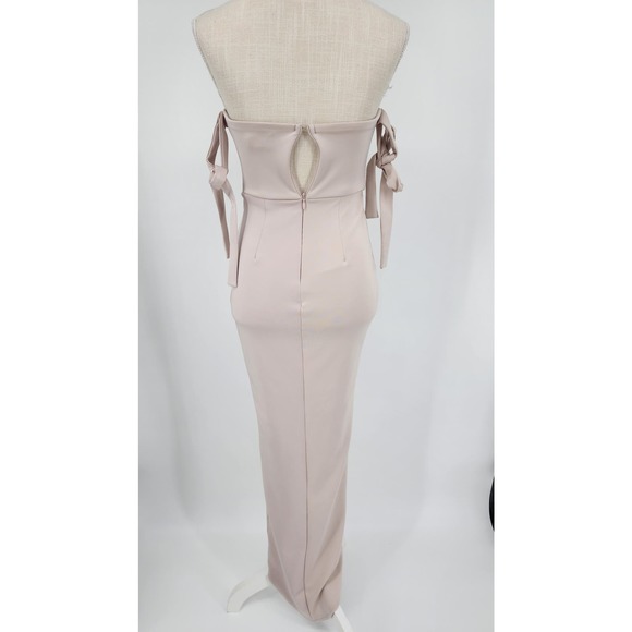 Showpo Common Muse Maxi Dress 0 Tulip Slit Strapless Ties Formal Stone Beige - Picture 5 of 15